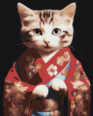 Картина по номерам «Котенок в кимоно с цветами»