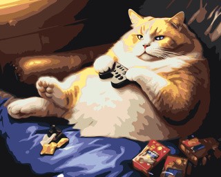Картина по номерам «Толстый рыжий кот играет в приставку на диване»