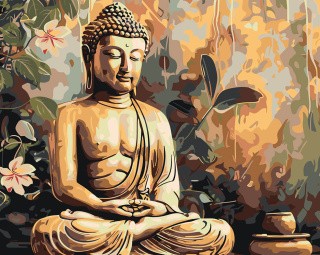Картина по номерам «Религия буддизм: Будда статуя и цветы»