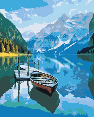 Картина по номерам «Природа: Пейзаж с лодкой на горном озере»
