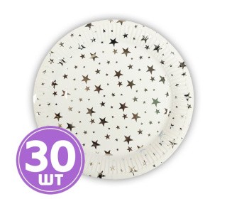 Тарелки бумажные, круглые, d 23 см, 5 упаковок по 6 шт., цвет: серебряные звезды, BOOMZEE
