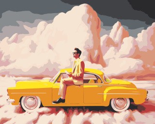 Картина по номерам «Машины: Желтый автомобиль в розовых облаках»