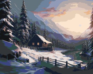 Картина по номерам «Зима: Вечерний пейзаж с домиком в горах»
