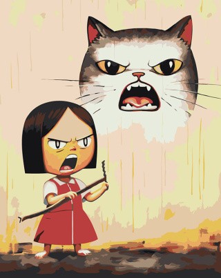 Картина по номерам «Кричащие девочка и нарисованный кот»