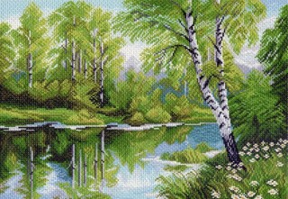 Рисунок на ткани «Берёзы у озера»