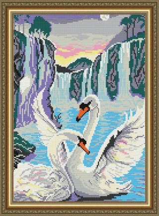 Алмазная вышивка «Лебеди у водопада»