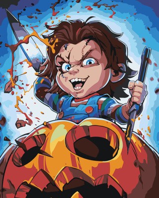 Картина по номерам «Страшная кукла Чаки и тыква на Хэллоуин»