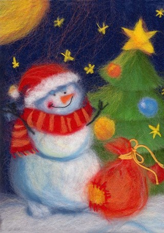 Картина шерстью «Новогодний снеговик»