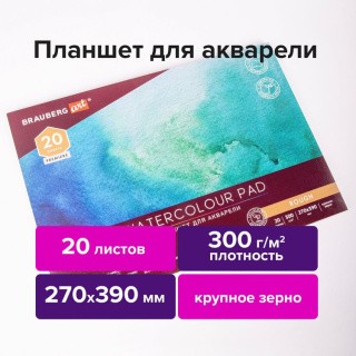 Папка для акварели/планшет, 300 г/м2, 270х390 мм, склейка, крупное зерно, 20 л., BRAUBERG ART PREMIERE