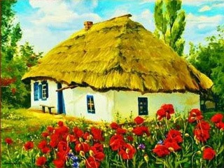 Рисунок на ткани  «Деревенский дом»