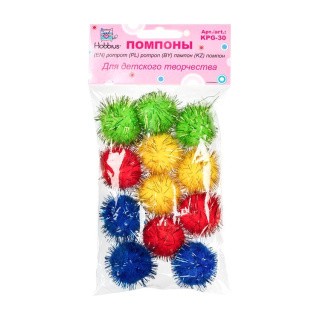 Декоративные помпоны, ассорти, 30 мм, 15 шт., Hobbius Декоративные помпоны, ассорти, 30 мм, 15 шт., Hobbius