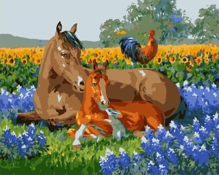 Картина по номерам «Лошади и петух»