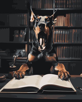 Картина по номерам «Собака доберман в шоке от книги»