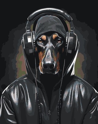 Картина по номерам «Собака доберман в наушниках 2»