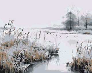 Картина по номерам «Зима: Снежный пейзаж с замерзшим озером»