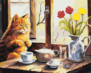 Картина по номерам «Рыжий кот пьет чай у окошка»