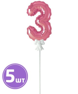 Шар самодув «Цифра 3», 5 шт., 13-14 см, цвет: розовый, BOOMZEE