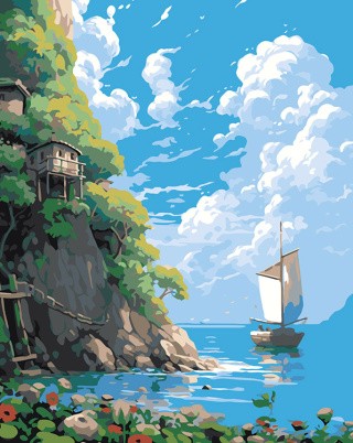 Картина по номерам «Природа: Пейзаж с лодкой на море и облачным небом 2»