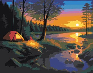 Картина по номерам «Природа: Пейзаж с палаткой и костром в лесу на закате»