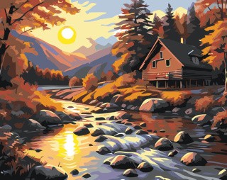 Картина по номерам «Природа: Пейзаж с домиком у ручья на закате»