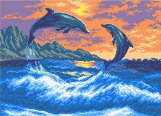 Рисунок на ткани «Дельфины в море»