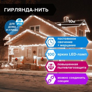 Электрогирлянда уличная «Heavy Rain», IP65, 100 LED, 10 м, цвет: холодный белый