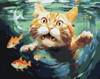 Картина по номерам «Рыжий кот с рыбами под водой»