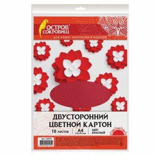 Картон цветной А4 тонированный в массе, 10 л., красный, 180 г/м2, Остров Сокровищ