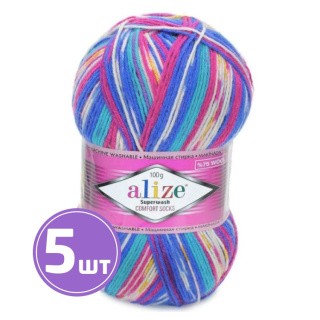 Пряжа ALIZE Superwash100 (7654), сине-бирюзово-бело-фуксия, 5 шт. по 100 г Пряжа ALIZE Superwash100 (7654), сине-бирюзово-бело-фуксия, 5 шт. по 100 г