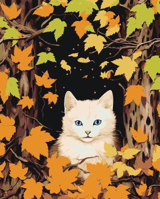 Картина по номерам «Белый котенок среди осенних листьев»