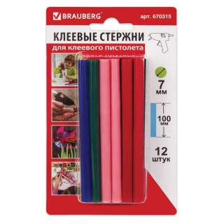 Клеевые стержни, диаметр 7 мм, длина 100 мм, цветные (ассорти), 12 шт., 6 цв., Brauberg