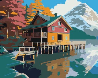 Картина по номерам «Природа: Пейзаж с домом на озере с видом на горы»