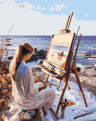 Картина по номерам «Море: Девушка рисует пейзаж на берегу»