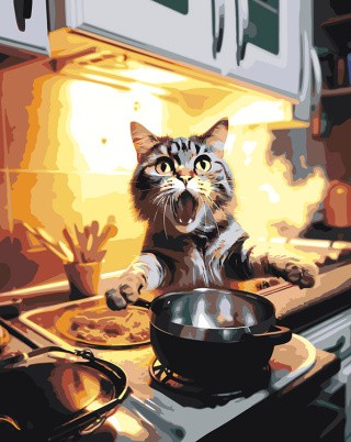 Картина по номерам «Шокированный кот на кухне»
