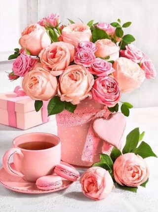Алмазная вышивка «Букет розовое чаепитие»