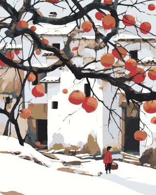 Картина по номерам Зимний пейзаж с хурмой и домами