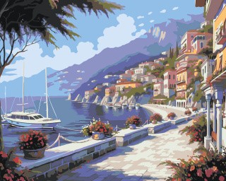 Картина по номерам «Природа: Пейзаж с набережной в городе возле моря 2»