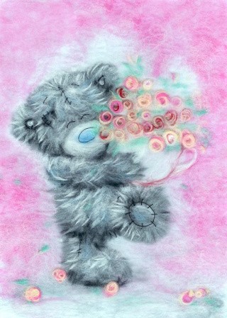 Картина шерстью «Татти Тедди с цветами»