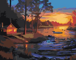 Картина по номерам «Природа: Пейзаж с домиком у ручья в лесу на закате»