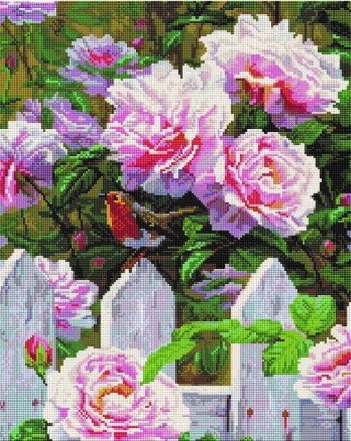 Алмазная вышивка «Птичка у куста роз»