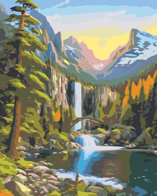 Картина по номерам «Природа: Пейзаж с горным водопадом в лесу 2»
