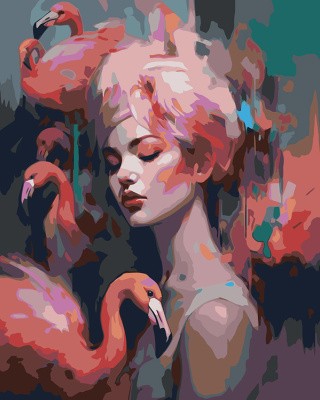 Картина по номерам «Девушка с розовыми фламинго»