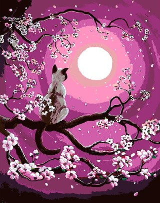 Картина по номерам «Котик на сакуре»