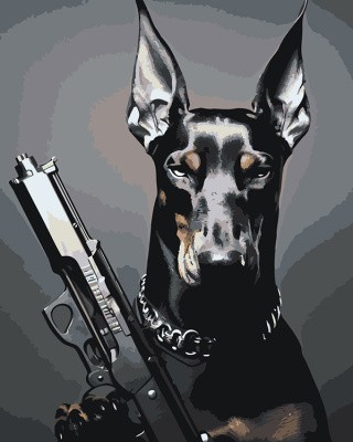 Картина по номерам «Черная собака доберман с пистолетом»