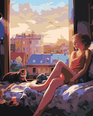 Картина по номерам «Девушка с котом у открытого окна 2»