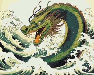 Картина по номерам «Восточный зеленый дракон в море»