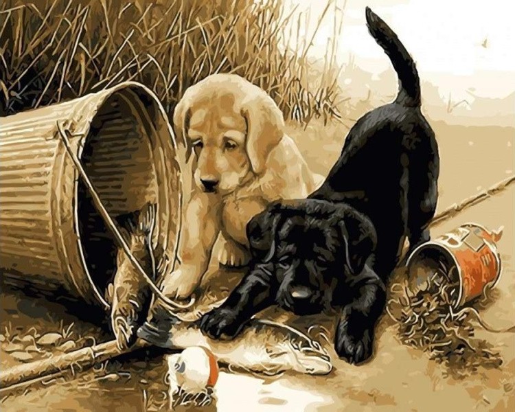 Картина по номерам «Щенки на рыбалке»