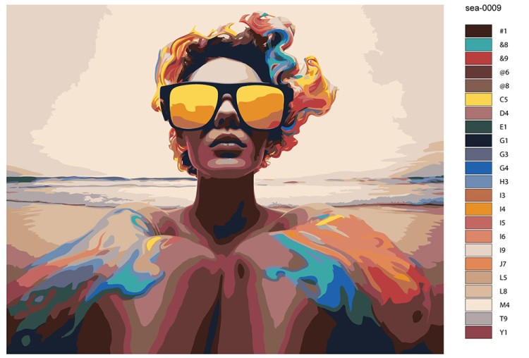 Картина по номерам «Море: Девушка в ярких очках на пляже» — картинка 2