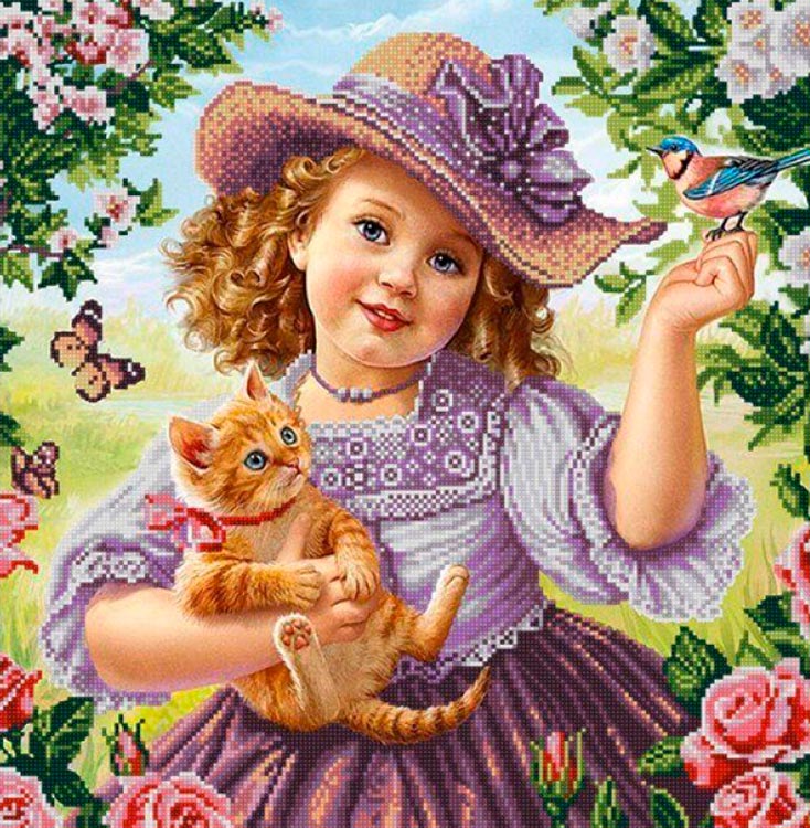 Рисунок на ткани «Малышка и котенок»