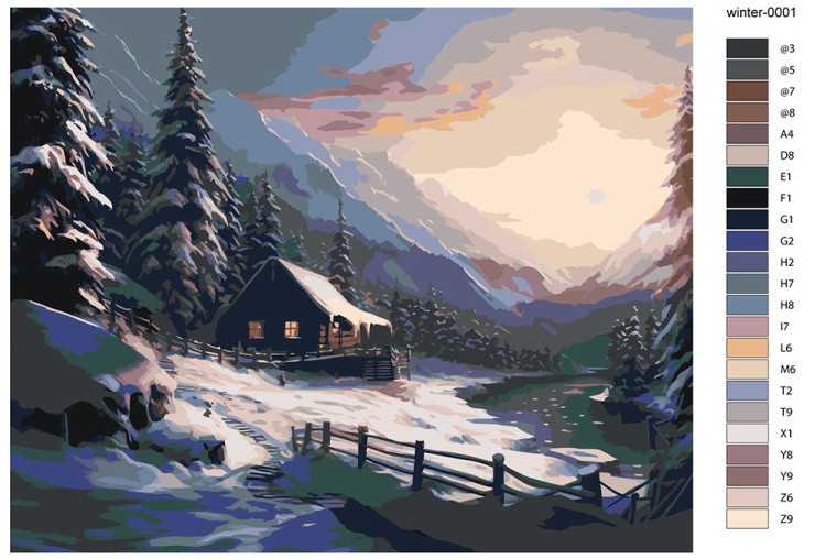 Картина по номерам «Зима: Вечерний пейзаж с домиком в горах» — картинка 2